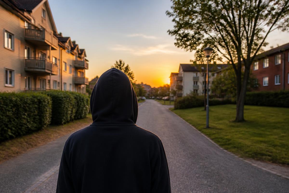 Ungdom i huvtröja sedd bakifrån i gyllene skymning i en svensk bostadsmiljö