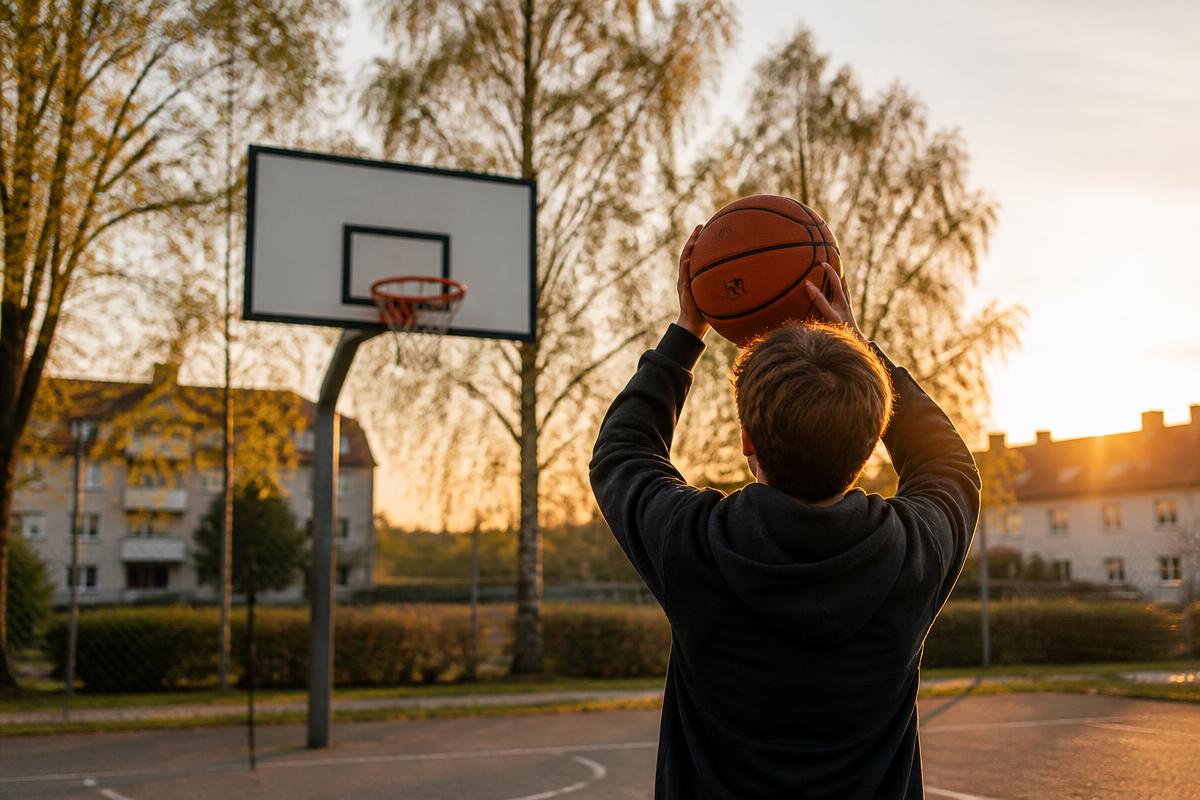Ungdom sedd bakifrån som spelar basket på en utomhusbana i gyllene skymning